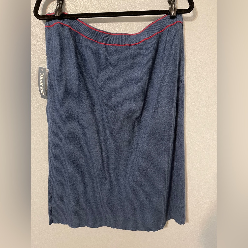 ModCloth Knit Skirt Blue Red Trim Pockets Pull On Academia Preppy Office XL NWT - Picture 3 of 11